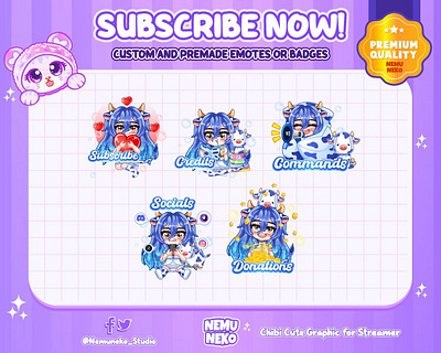 Chibi Cow Girl Panel by Nemuneko Studio alert alert for twitch animation branding chibi emotes cow cow girl cute emotes design graphic design illustration logo nemuneko nemuneko studio panel panel chibi panel for twitch panel twitch twitch emotes