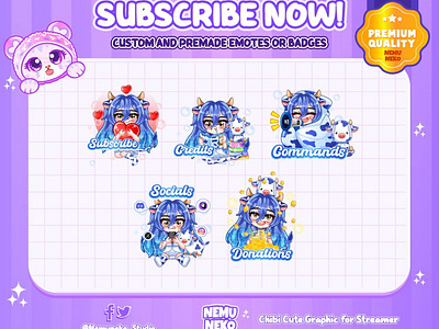 Chibi Cow Girl Panel by Nemuneko Studio alert alert for twitch animation branding chibi emotes cow cow girl cute emotes design graphic design illustration logo nemuneko nemuneko studio panel panel chibi panel for twitch panel twitch twitch emotes