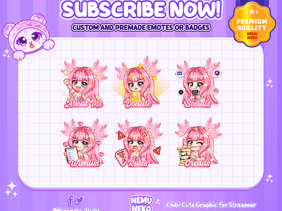 Axolotl Girl Twitch Panel by Nemuneko Studio alert animation axolotl branding chibi alert chibi emotes chibi panel cute emotes cute panel design graphic design illustration logo nemuneko nemuneko studio panel panel for twitch panel twitch twitch emotes