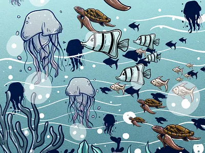 OCEAN LIFE amazing awesome bubble coral cover fish graphic design illustration jellyfish marine marine life merchandise ocean poster sea sea coral sea turtle underwater water