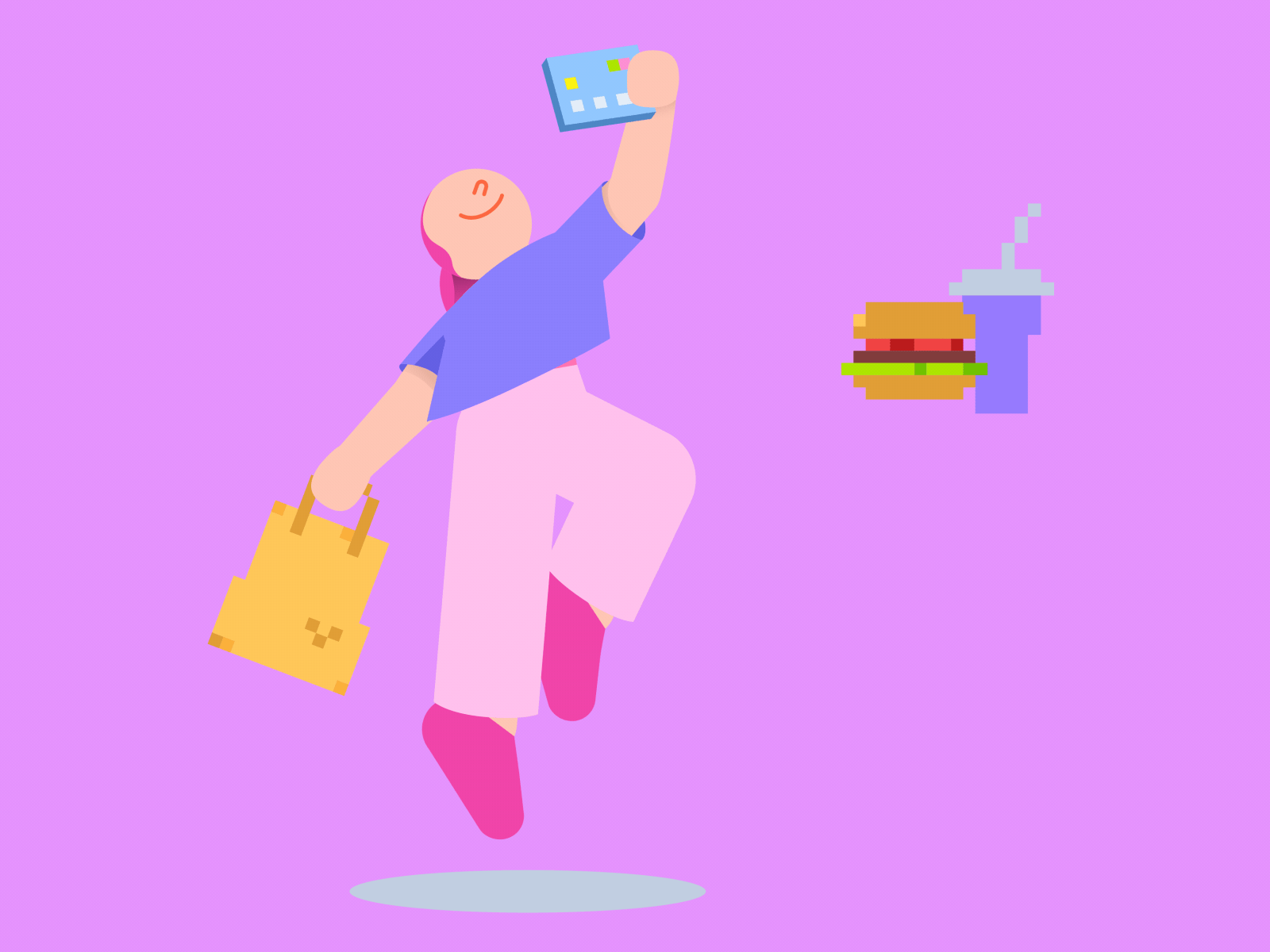 Woman shopping and paying by card 2d after effects animation burger buying clothes buying food credit card happy customer illustration jumping motion graphics pixel art purchases rigging rotation shopping soda cup t shirts turnabout woman