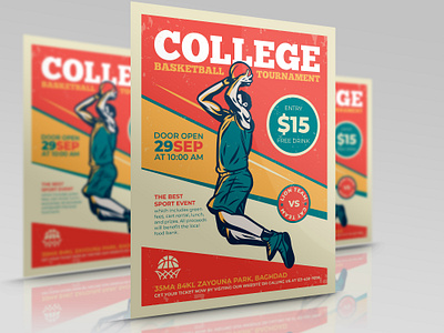 College Basketball Flyer Template ball basket champion design flyer illustration leaflet palyer play poster school sports team tournament university