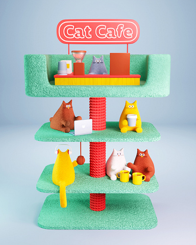 Cat Cafe 3d 3d illustration cafe cat cat cafe cats coffee coffee shop