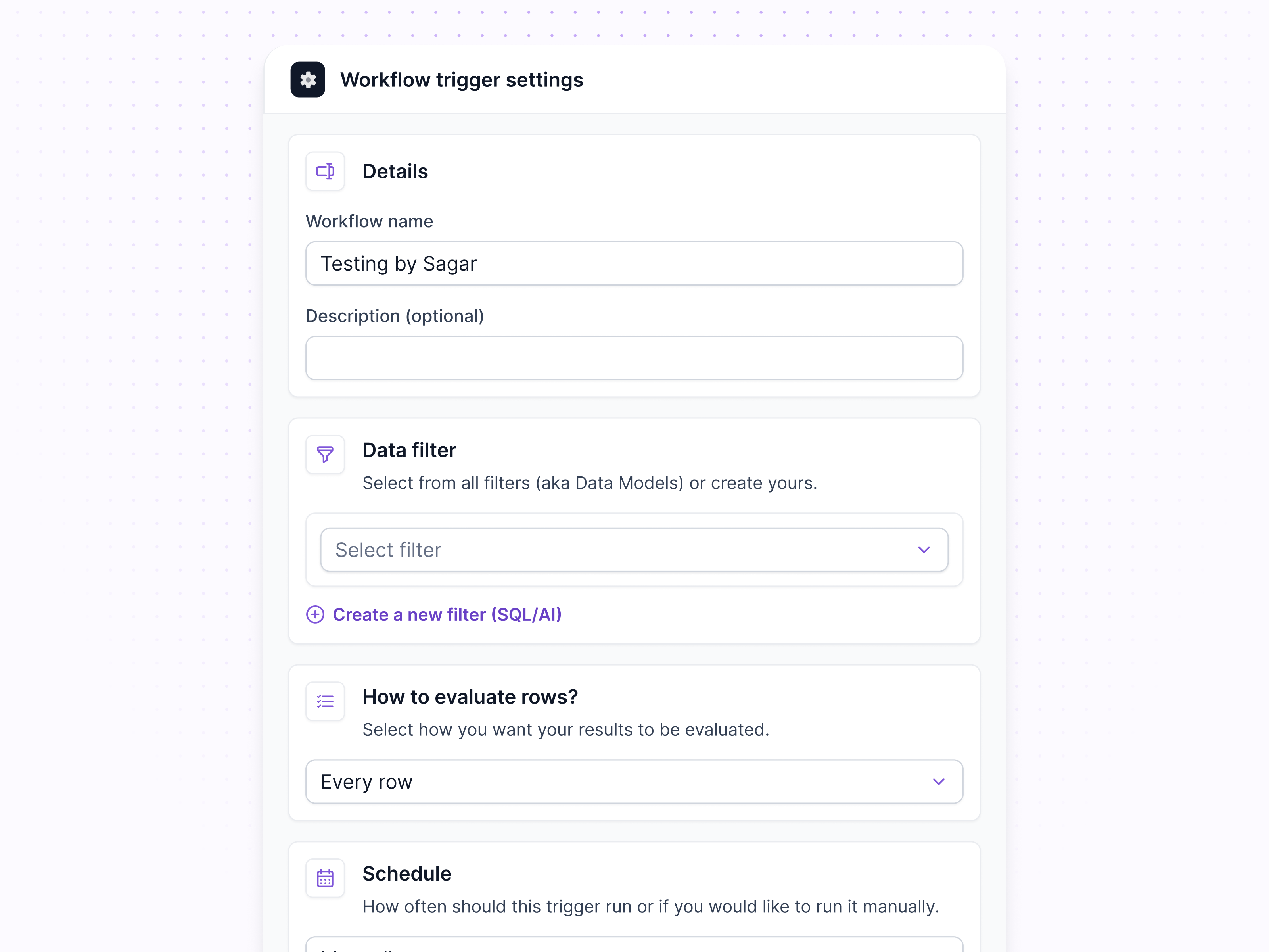 Workflow trigger settings ai artificial intelligence automation crm data evaluation data filter data model filter filter by filtering filters hubspot open ai process automation salesforce settings trigger trigger settings workflow workflow settings