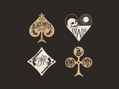Black Water Ranch Aces ace acronym bold branding clubs cowboy diamonds guns and skull hand drawn heart illustration lettering logo monogram playing cards ranch snake spades typography vintage