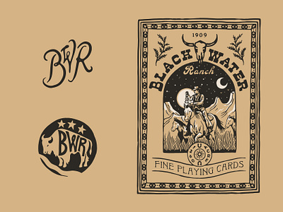 Black Water Ranch Playing Cards bold branding buffalo cowboys desert hand drawn hand lettering horses illustration lantern logo monogram moon and night mountains playing cards print design ranch skull typography vintage