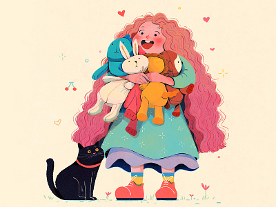 Joyful embrace animal cat character child childhood cute girl hug illustration love people toy uran