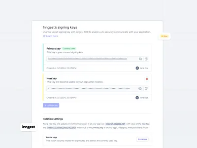 Signing key rotation app buttons card design clean components design details developer tools key pills product tech typography ui ux webapp