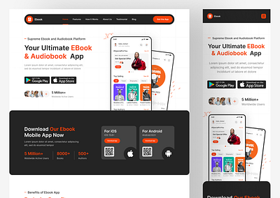 Ebook and Audio Book App Landing Page UIUX Design | Figma app landing page audio book app design designer ebook ebook app landing page figma hire ui ux designer responsive design ui uiux ui design usa user experience user interface ux web web design web design template web designer