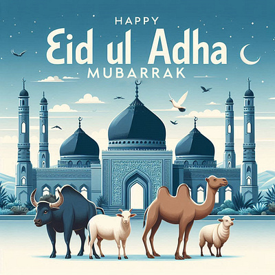 Eid-Ul-Adha Social Media Post animal blue and wihte theme branding cow dark design eid mubarak eid ul adha graphic design illustration lamb logo moon mosjid sheep vector