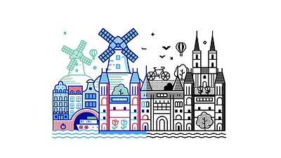 Welcome to the Netherlands (Animated) afternoon animation balloon bicycle birds buildings exterior flowers hills illustration motion design motion graphics netherlands outside rain river scene tree village windmills