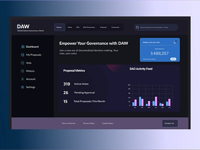 Decentralized Voting Platform Dashboard with DAW blockchain branding dailyui dao dapp dashboard decentralization design governance nfts tokenization ui uiux userinterface wallet web3 webapp webappdesign webdesign website