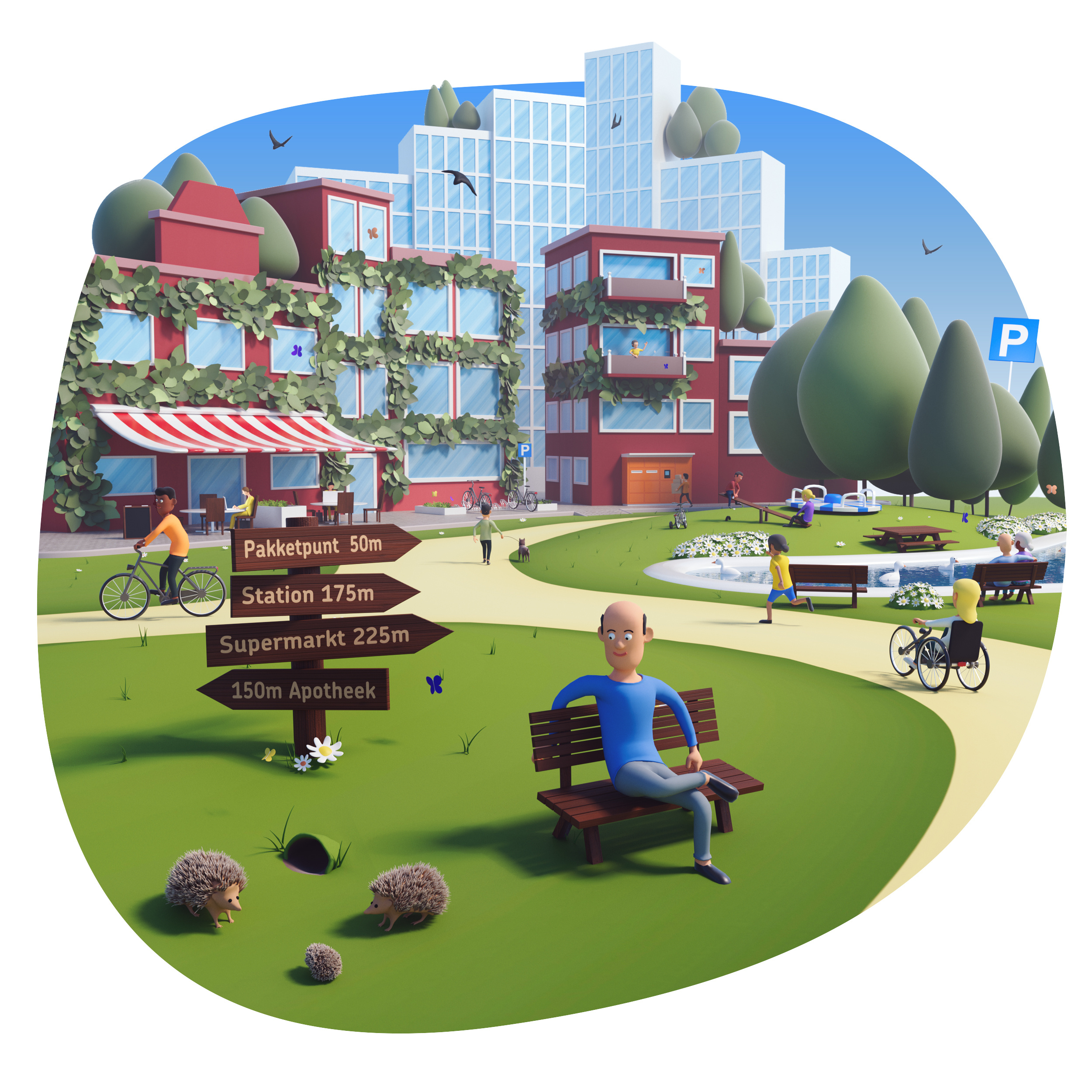 15 Minute City 3d 3d illustration article illustration c4d cartoon cinema4d city clean climate change duurzaam green illustration magazine illustration nature park sustainable