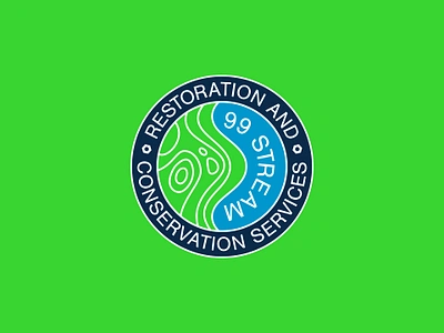 99 Stream (Unused) badge blue brand branding camp conservation design fish graphic design green hike logo outdoor restoration river seal stream topo