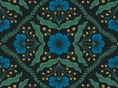 Dreamy Florals art licensing black blue botanical fabric design floral flower green illustration moody pattern surface design symmetry wallpaper design