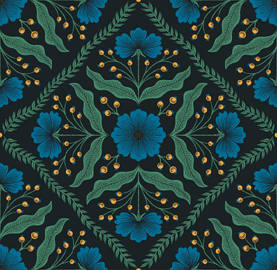 Dreamy Florals art licensing black blue botanical fabric design floral flower green illustration moody pattern surface design symmetry wallpaper design
