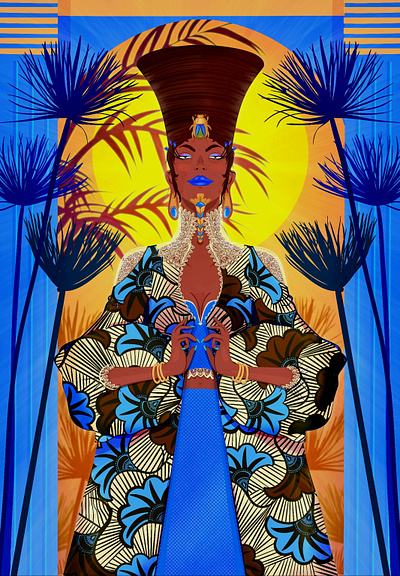 Hatshepsut blue denim egypt eyes girl glodenhour hands hat illustration jewels pharaoh power queen sunset wax woman yellow