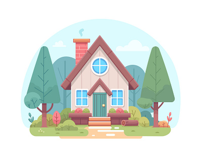 Forest house art cottage eco forest house illustration nature vector