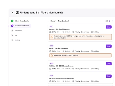 Horse Riding Event Entry barn booking check in design entry event horse racing setup stepper ui ux