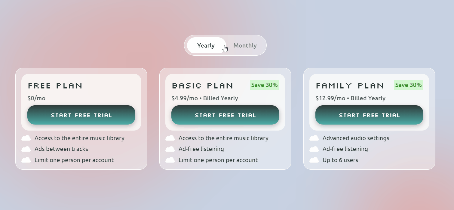 Monthly/Yearly Pricing Toggle framer framer component framer website monthly yearly subscription music app pricing pricing section pricing toggle streaming service website toggle switch weather