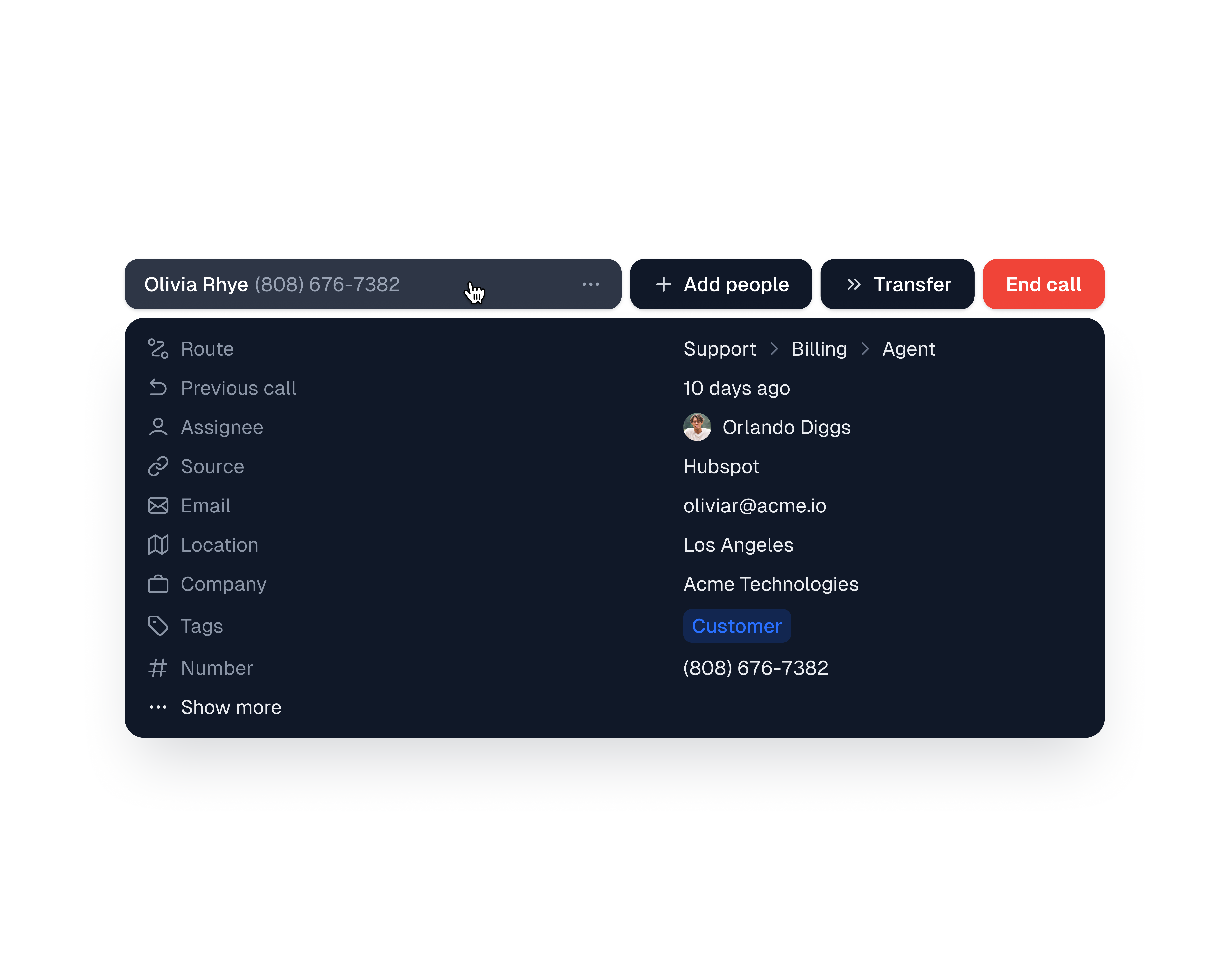 Call details alert app card clean desktop dropdown hover integrations meeting menu minimal phone saas simple table transfer ui ux video zoom