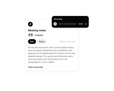 Meeting notes ai app card clean desktop edit group call meeting menu minimal mobile note notes share simple summary swipe transcript ui ux