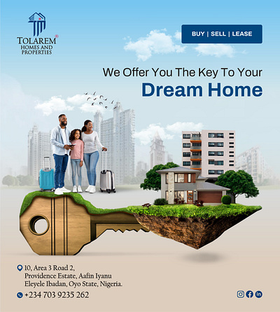 Key to Dream Home akinkunmi babatunde design on real estate dream home dream home in real estate family and house family with traveling bags happy family house key design house key real estate tolarem properties tunecxino
