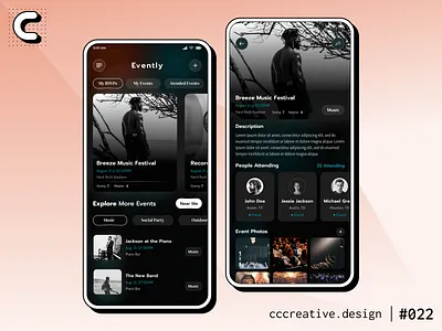 022 | branding branding design clean interface color pops design event app glasmorphism illustration music app red design ui ui design ux ux design