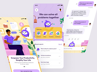 Polyglide - AI Assistant Mobile App ai assistant ai helper artificialintelligence assistant chat gpt colorful design fun illustration purple ui uidesign user experience user interface ux uxdesign virtual assistant yellow