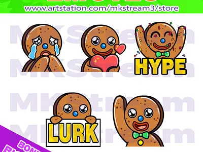 Twitch emotes gingerbread lurk, waving, hype, love & cry pack animated emotes anime cookies cookies emotes cry cute design discord emotes emote emotes gingerbread gingerbread emotes gingerbread man hype illustration love lurk sub badge twitch emotes waving