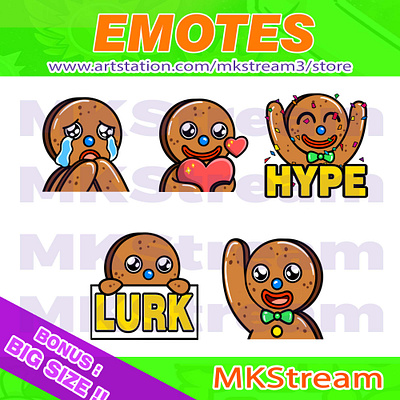 Twitch emotes gingerbread lurk, waving, hype, love & cry pack animated emotes anime cookies cookies emotes cry cute design discord emotes emote emotes gingerbread gingerbread emotes gingerbread man hype illustration love lurk sub badge twitch emotes waving