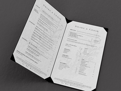 Smoke & Cedar branding / Dinner menu brand design branding graphic design graphics hospitality industry illustration layout layout design menu menu design menu layout restaurant type typography