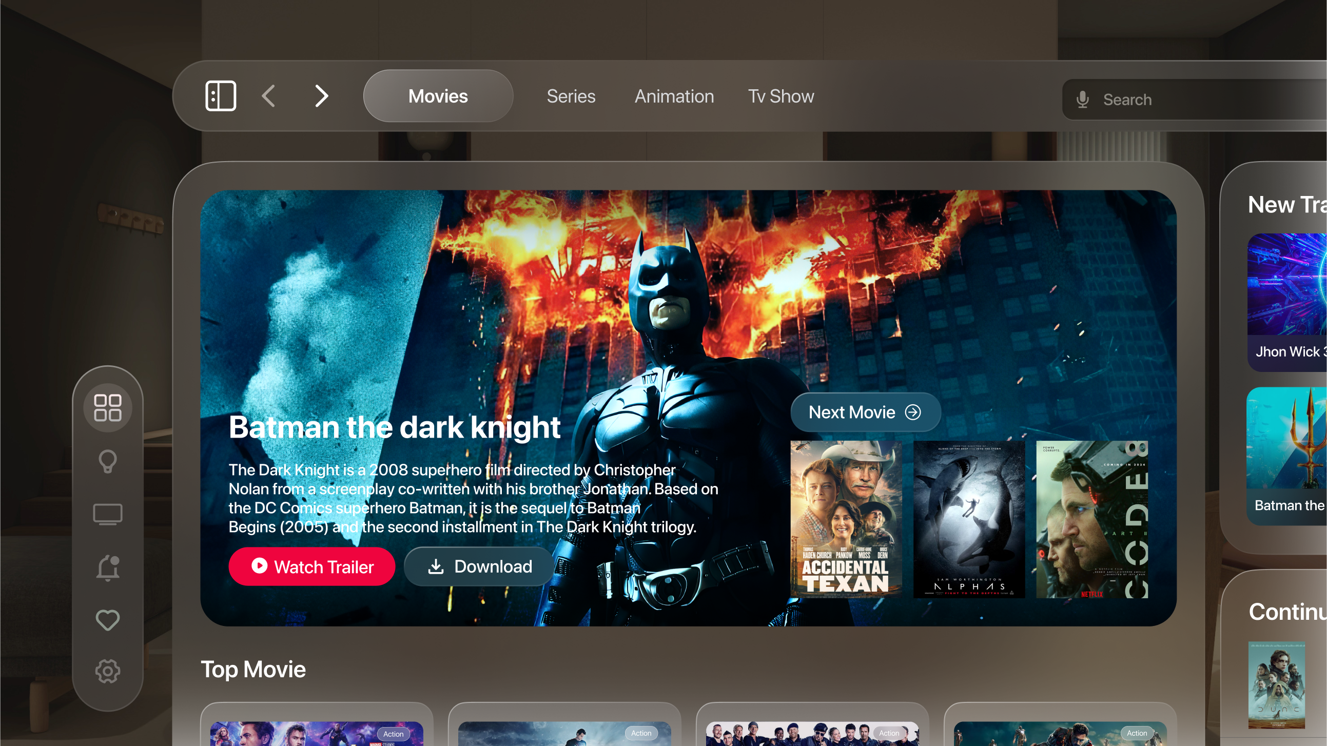 Apple Vision Pro Movie apple apple vision pro augmented reality dark night film glassmorphism home mixed reality movie smart home smart movie spatial transparant tv ui ux uidesign ux design virtual vision pro vr