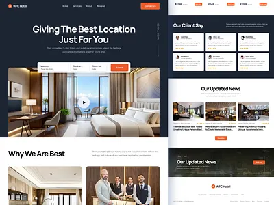 Hotel Booking Website Home Page agency booking booking platform branding building clean creative design hotel landing page logo minimal modern property real estate room ui ux vector website