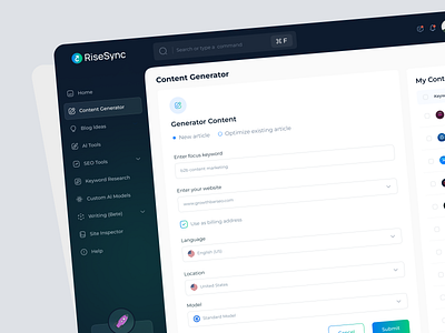 RiseSync - Ai Content Generator Dashboard Design ai automation artificial intelligence content generator ui design ui ux website design