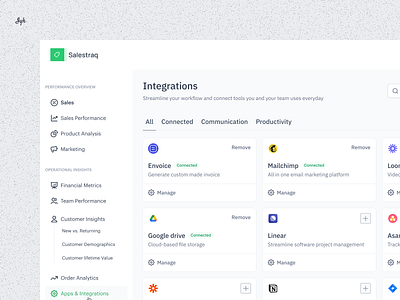 Salestraq Integration Screen✨ dashboard integration saas ui