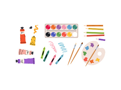 Art supply set accessories art cartoon concept crayon design flat illustration kids paint pencil supply vector watercolor