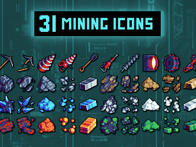 Free Mining Pixel 32×32 Icons 2d 32x32 art asset assets cyberpunk fantasy game game assets gamedev icon icons indie indie game mineral mining pixel rpg set ui