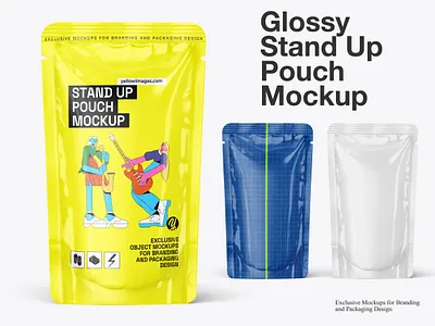 Glossy Stand-Up Pouch Mockup 3d design download food pouch free download free mockup mock up mockup mockup download mockup tools plastic pouch pouch psd smart object yellow images