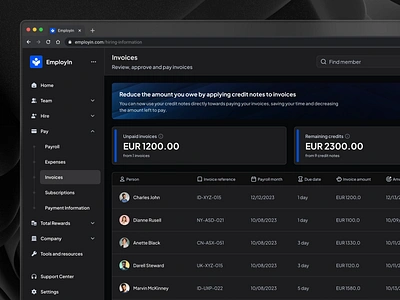 Invoices Dashboard cansaas clean customer dark theme dashboard design hr hr management invoice invoice list invoices product design saas table invoices ui ux web design