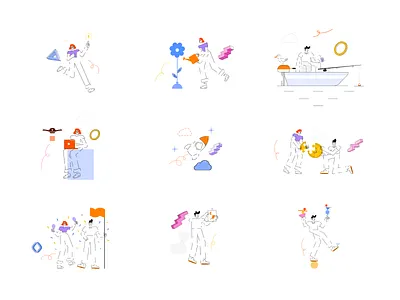 Merixstudio illustration system - first iteration 2d 3d branding character design design system geometric elements illustration illustration system line art merixstudio outline people stuff