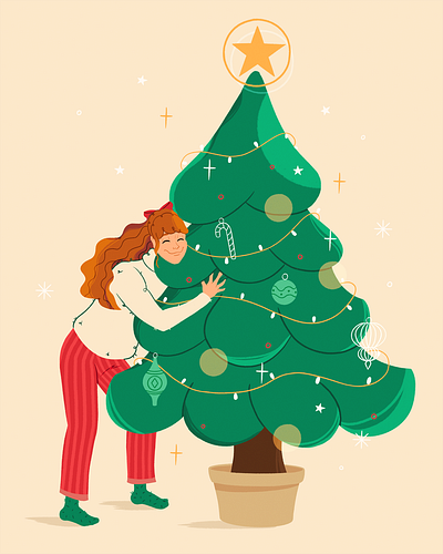 'Tis the damn season cheerful christmas comic cozy girl happy hug illustration ipadpro lights merry ornament procreate procreateapp season star sweater tree warm woman