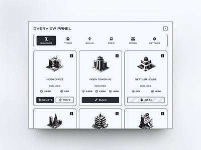 Overview panel - GUI for NFT game Black & White style blackwhite gameinterface gameui gui minimalistic simplicity