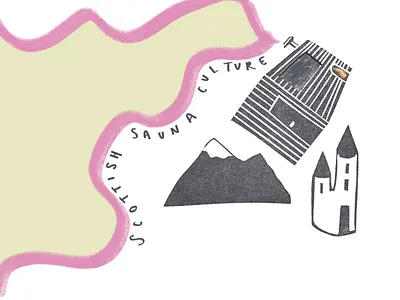 Scottish Sauna Culture castle design illustration linoprint mountains sauna