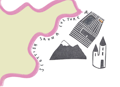 Scottish Sauna Culture castle design illustration linoprint mountains sauna