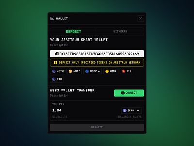 DegensBet - Wallet / Deposit & Withdraw allert amount blockchain btc crypto deposit finance futures game gaming modal money nft payments select token trading wallet web3 withdraw