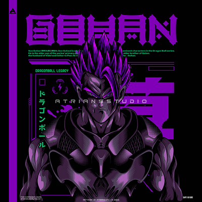 Super Gohan anime app apparel cyber cyborg dark dragonball dragonball z fanart future gohan japan art poster design purple saiyan son gohan sticker design super tshirt design