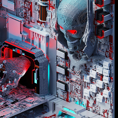 VoxStories #13 - Corrupted 3d 3d art blue concept art cyberpunk digital art dystopia environment art game art iso isometric magicavoxel red robot skull ui ui design ux voxel voxels