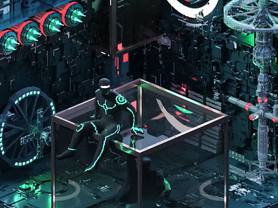 VoxStories #14 - The Guardian 3d 3d art concept art cyberpunk cyborg digital art diorama dystopia environment art game art iso isometric magicavoxel mecha mechanic robot ui voxel voxels