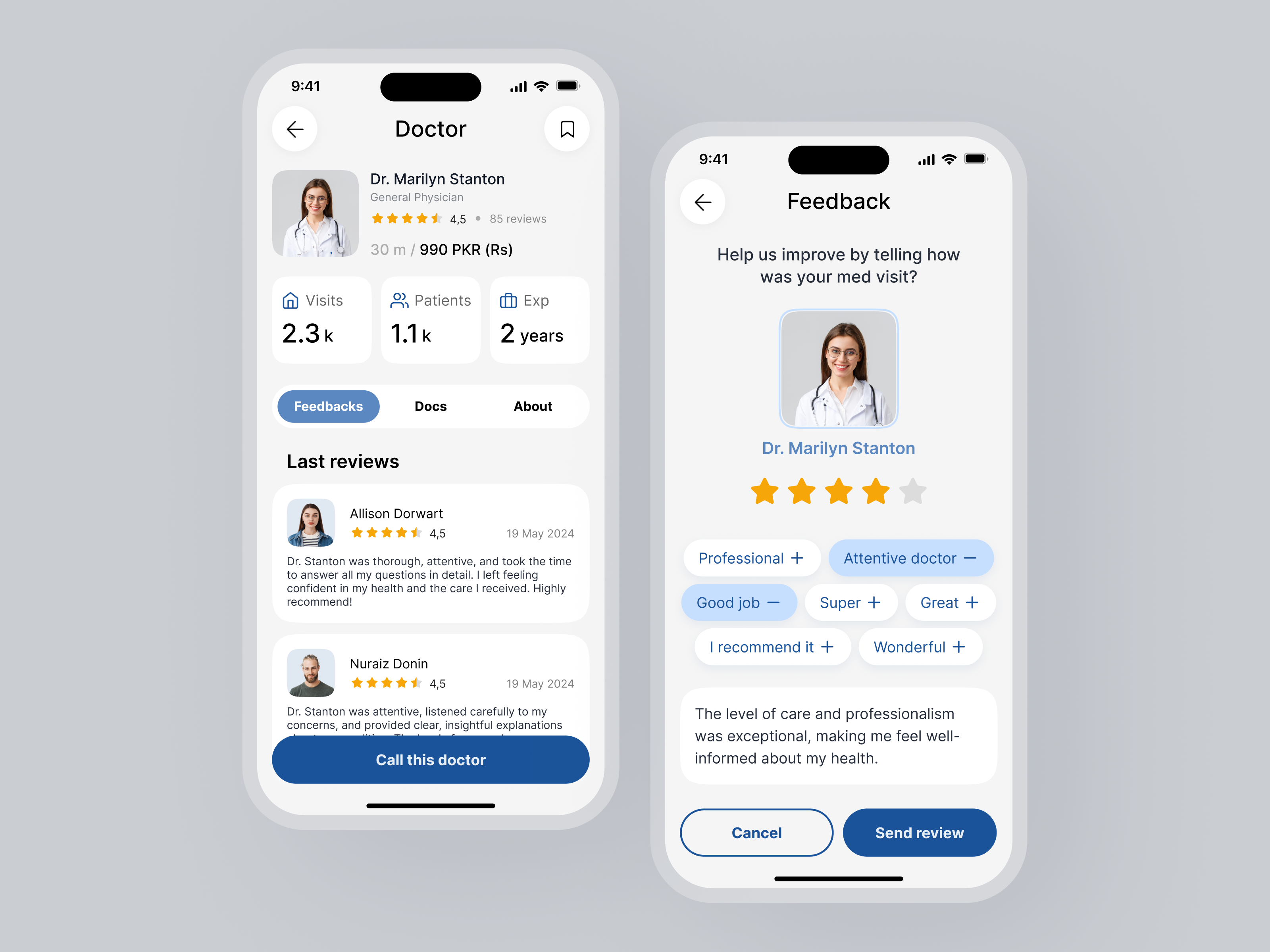 Doctor's Profile of Mobile App | HomeCare animation appointment blue buttons care comment doctor doctors detail screen feedback screen grey health health care logo med visit medics mobile app ratings tags ux ui